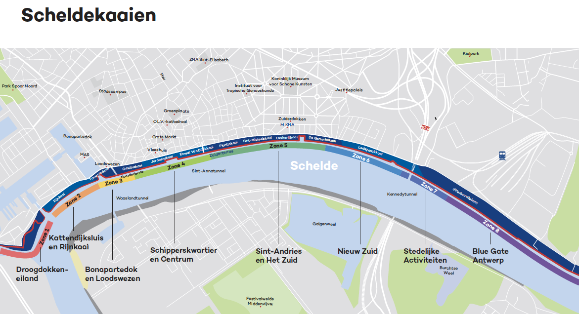 Scheldekaaien, 8 zones